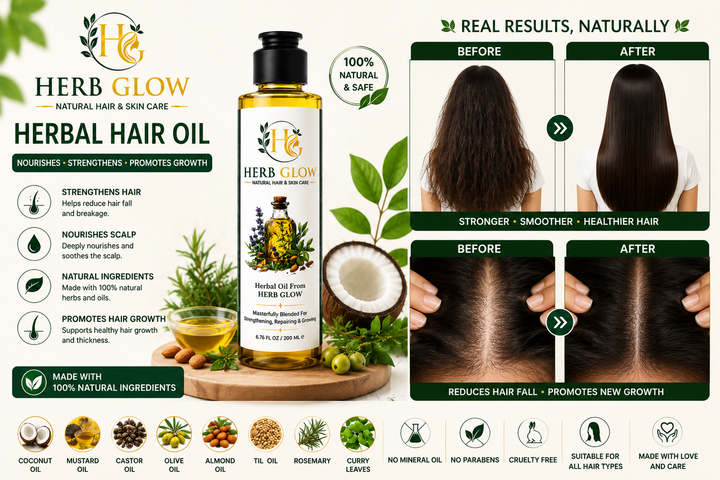 Herb Glow Herbal Hair Oil – 100% Natural | Hair Growth & Strength